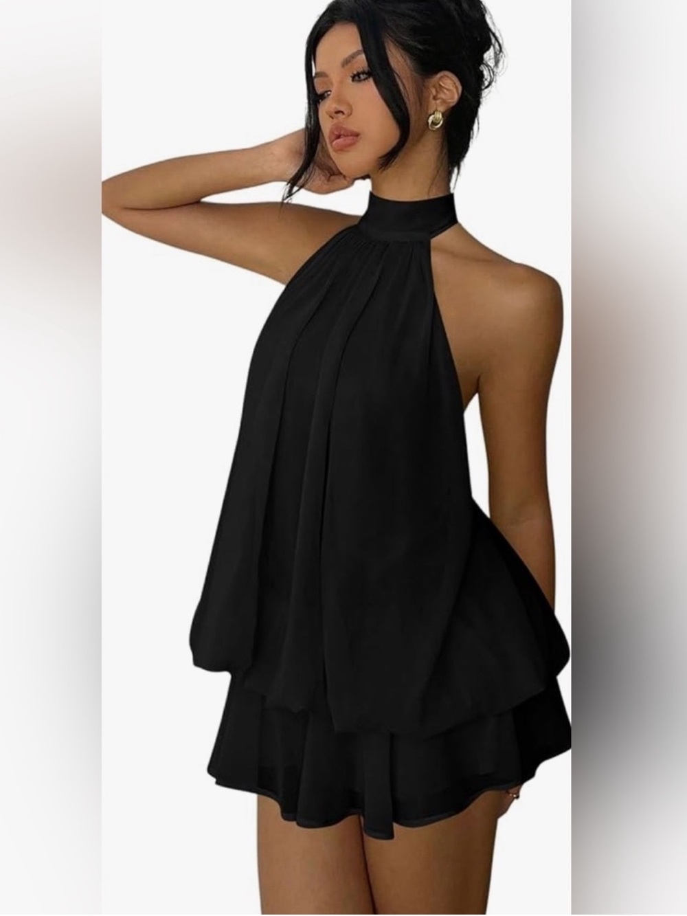 Elegant Black Halter Layered Mini Dress